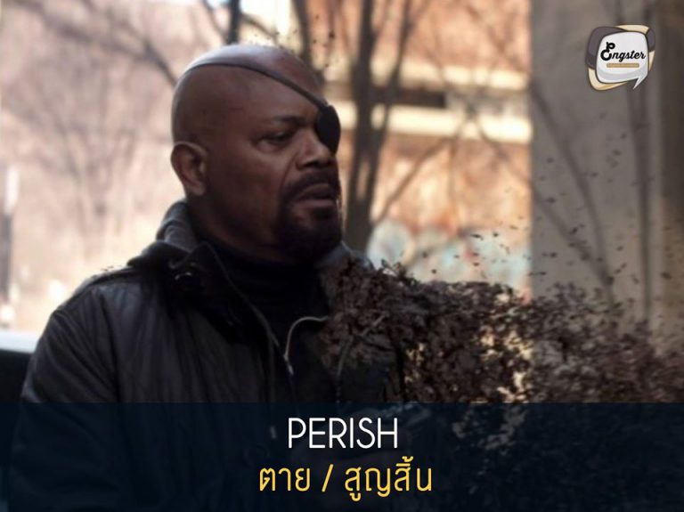Perish = ตาย/สูญสิ้น . จากการล้างบางของธานอสนั้นก็ทำให้ฮีโร่หลายๆคนได้สลายตัวไป ซึ่งสามารถใช้คำว่า Perish ได้ครับ บางทีถ้าเราเห็นข้างกล่องของสินค้าหรืออาหาร อาจเจอคำว่า perishable ก็รู้ได้เลยครับว่าของนั้นเน่าเปื่อยง่ายหรือเสียได้ง่าย นะครับ